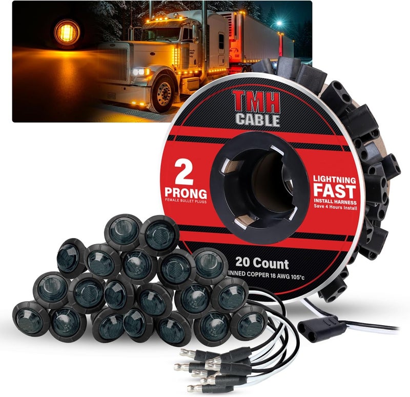 TMH 20 Pcs of 3/4 Inch Side Marker Smoked Lens Amber Lights with Connector Plug + 2 Pin Continuous Wire Harness, Plug and Play Hassle-Free Installation for Truck Trailer RV Pickup - Image 1